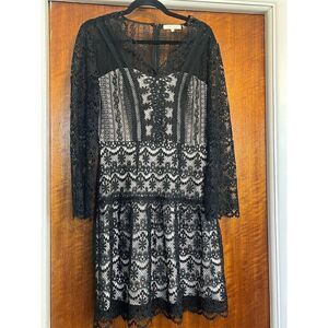 MIKA MINDEL Black Lace Overlay Sheath Dress V Neck Long Sleeve Size S